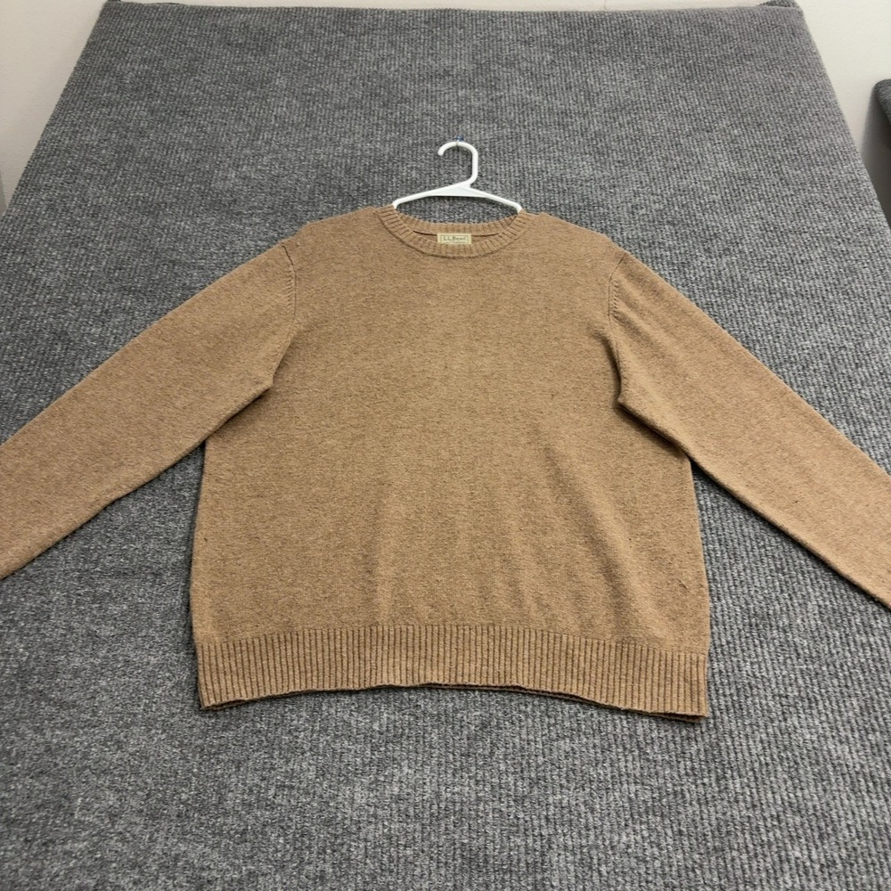 LL Bean Sweater Mens M Tan Lambs Wool Nylon Crewneck Classic Outdoor Style